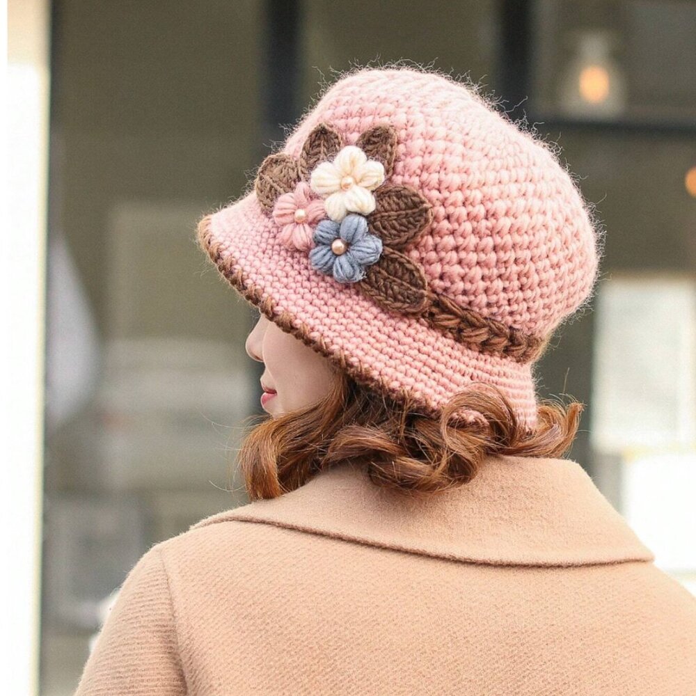 Flower Crochet Bucket Hat Pink